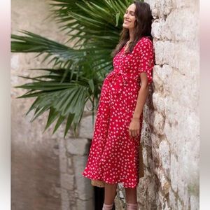 RED MIDI WRAP MATERNITY DRESS